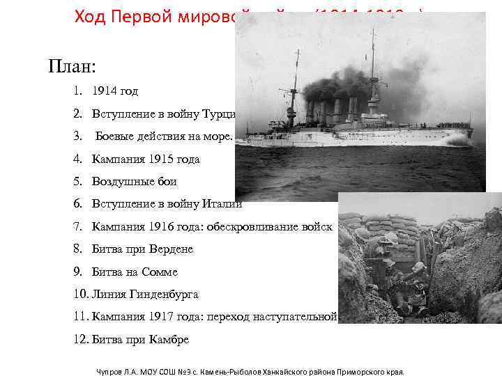 Ход Первой мировой войны (1914 -1918 гг) План: 1. 1914 год 2. Вступление в