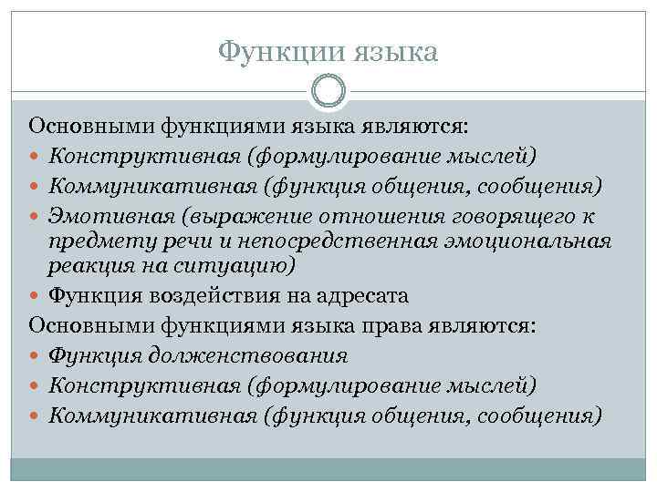 Функции языка Основными функциями языка являются: Конструктивная (формулирование мыслей) Коммуникативная (функция общения, сообщения) Эмотивная