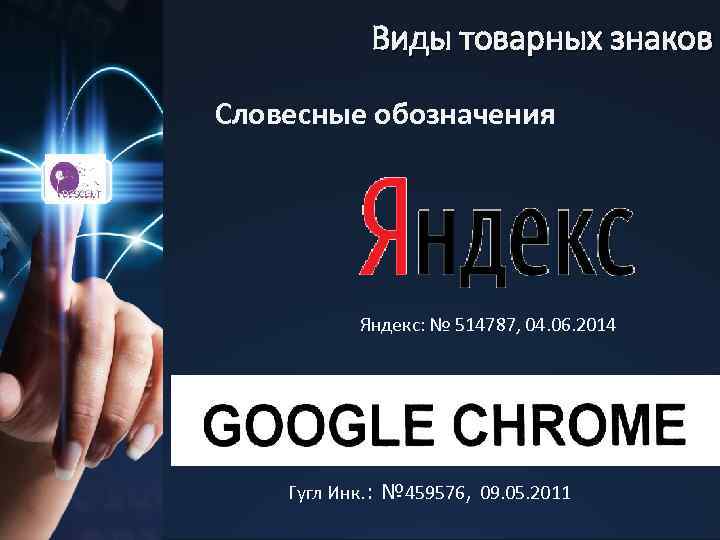 Виды товарных знаков Словесные обозначения Яндекс: № 514787, 04. 06. 2014 Гугл Инк. :