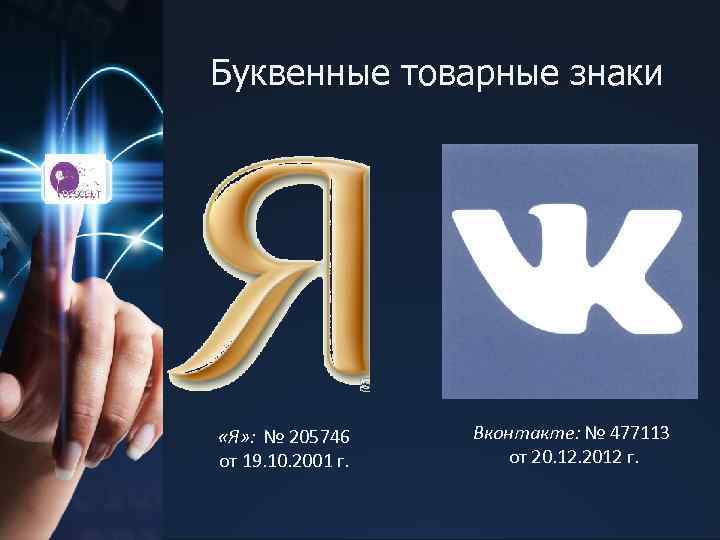 Буквенные товарные знаки «Я» : № 205746 от 19. 10. 2001 г. Вконтакте: №