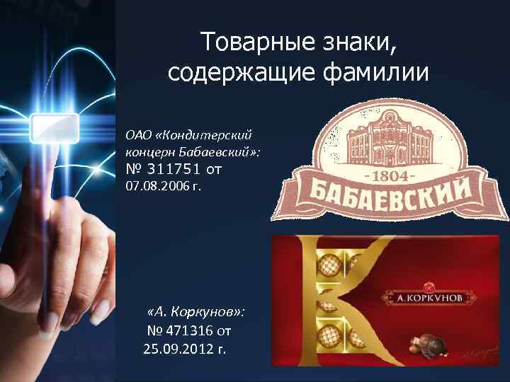 Товарные знаки, содержащие фамилии ОАО «Кондитерский концерн Бабаевский» : № 311751 от 07. 08.