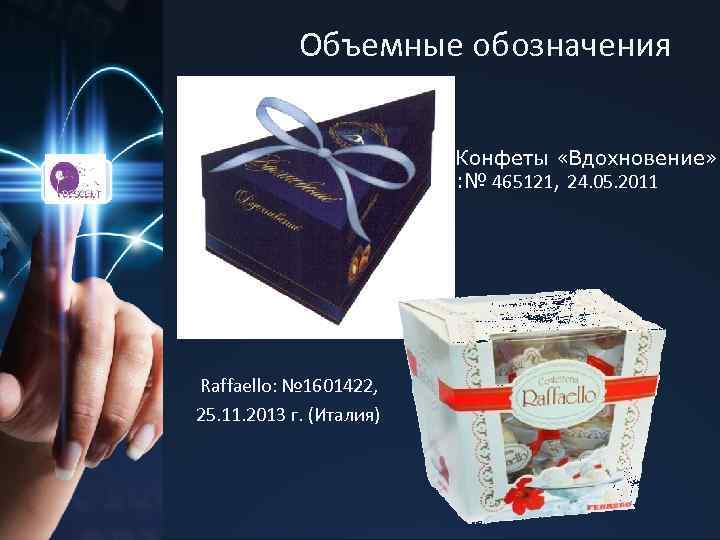Объемные обозначения Конфеты «Вдохновение» : № 465121, 24. 05. 2011 Raffaello: № 1601422, 25.
