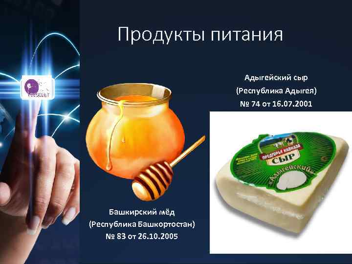 Продукты питания Адыгейский сыр (Республика Адыгея) № 74 от 16. 07. 2001 Башкирский мёд