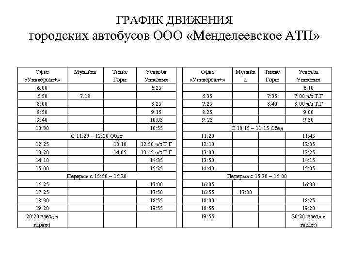 ГРАФИК ДВИЖЕНИЯ городских автобусов ООО «Менделеевское АТП» Офис «Универсал+» 6: 00 6. 50 8: