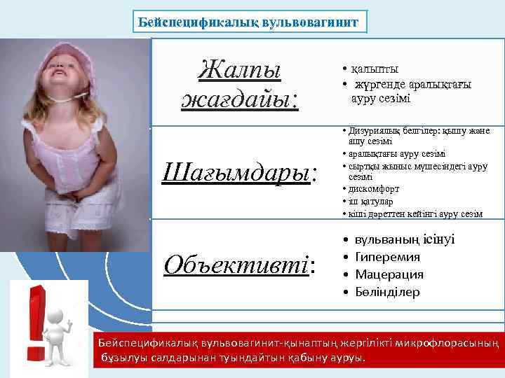 Бейспецификалық вульвовагинит Жалпы жағдайы: • қалыпты • жүргенде аралықтағы ауру сезімі Шағымдары: • Дизуриялық