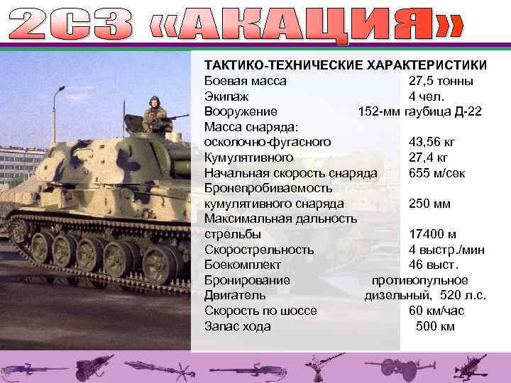 ТАКТИКО-ТЕХНИЧЕСКИЕ ХАРАКТЕРИСТИКИ Боевая масса 27, 5 тонны Экипаж 4 чел. Вооружение 152 -мм гаубица