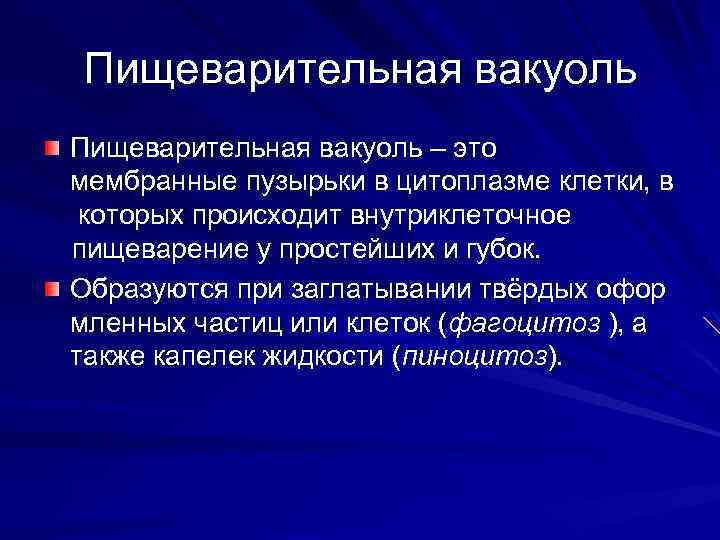 Пищеварительная вакуоль – это мембранные пузырьки в цитоплазме клетки, в которых происходит внутриклеточное пищеварение