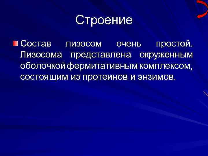 Строение Состав лизосом очень простой. Лизосома представлена окруженным оболочкой фермитативным комплексом, состоящим из протеинов