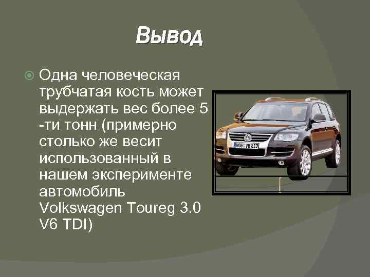 Вывод Одна человеческая трубчатая кость может выдержать вес более 5 -ти тонн (примерно столько