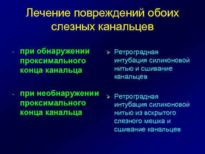 Лечение повреждений обоих слезных канальцев - при обнаружении проксимального конца канальца - при необнаружении