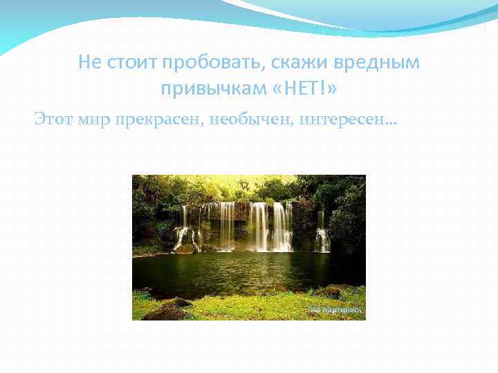 Не стоит пробовать, скажи вредным привычкам «НЕТ!» Этот мир прекрасен, необычен, интересен… 