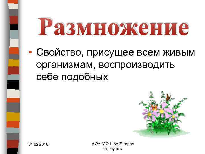 Размножение • Свойство, присущее всем живым организмам, воспроизводить себе подобных 04. 02. 2018 МОУ