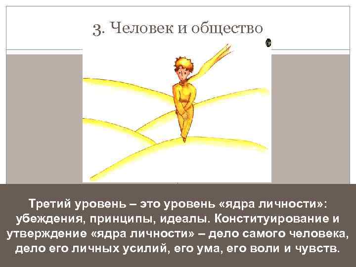 3. Человек и общество Третий уровень – это уровень «ядра личности» : убеждения, принципы,