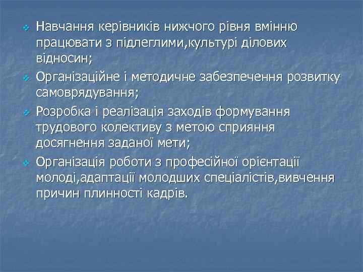 v v Навчання керівників нижчого рівня вмінню працювати з підлеглими, культурі ділових відносин; Організаційне