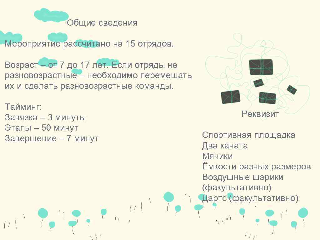 Общие сведения Мероприятие рассчитано на 15 отрядов. Возраст – от 7 до 17 лет.