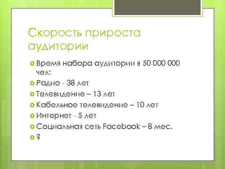 Скорость прироста аудитории Время набора аудитории в 50 000 чел: Радио - 38 лет