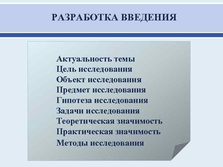 РАЗРАБОТКА ВВЕДЕНИЯ Актуальность темы Цель исследования Объект исследования Предмет исследования Гипотеза исследования Задачи исследования