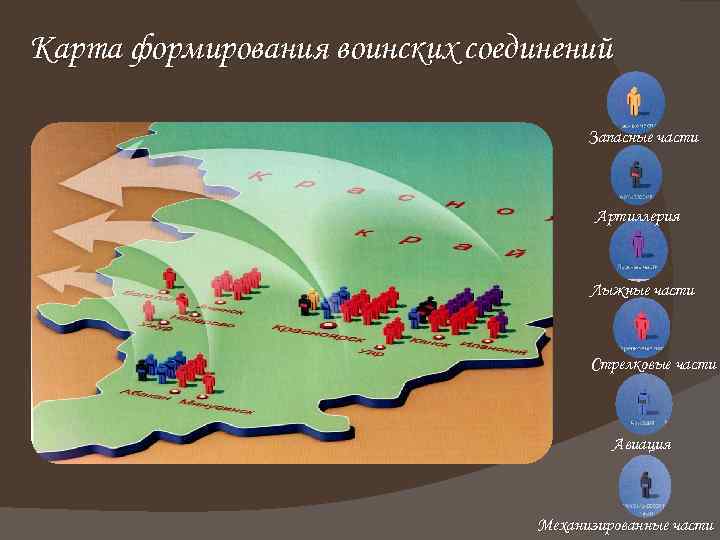 Карта формирования воинских соединений Запасные части Артиллерия Лыжные части Стрелковые части Авиация Механизированные части