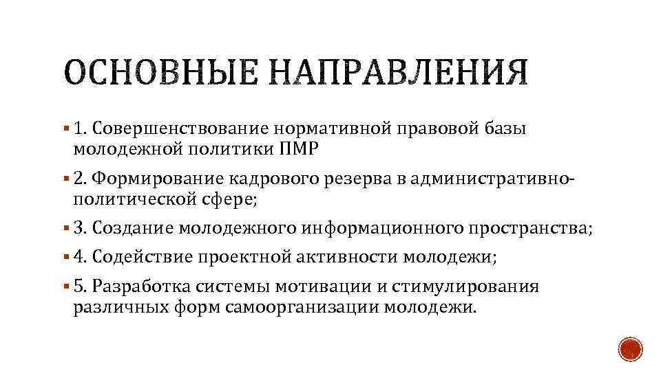 § 1. Совершенствование нормативной правовой базы молодежной политики ПМР § 2. Формирование кадрового резерва