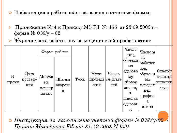  Информация о работе школ включена в отчетные формы: Ø Приложение № 4 к