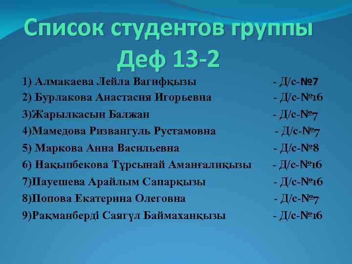 Список студентов группы Деф 13 -2 1) Алмакаева Лейла Вагифқызы 2) Бурлакова Анастасия Игорьевна