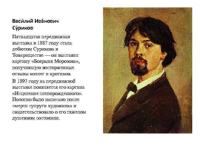 Васи лий Ива нович Су риков Пятнадцатая передвижная выставка в 1887 году стала дебютом