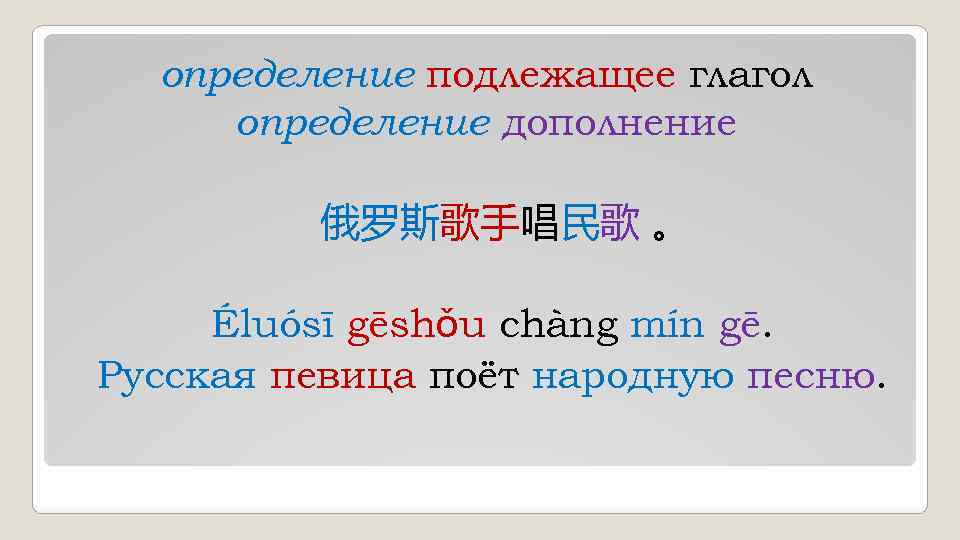 определение подлежащее глагол определение дополнение 俄罗斯歌手唱民歌 。 Éluósī gēshǒu chàng mín gē. Русская певица