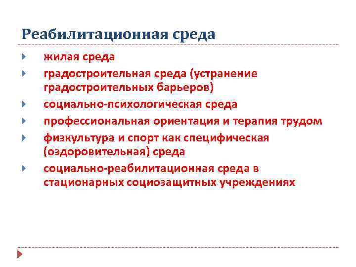 Реабилитационная среда жилая среда градостроительная среда (устранение градостроительных барьеров) социально-психологическая среда профессиональная ориентация и