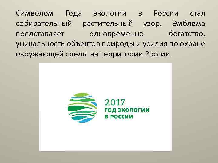 Символом Года экологии в России стал собирательный растительный узор. Эмблема представляет одновременно богатство, уникальность