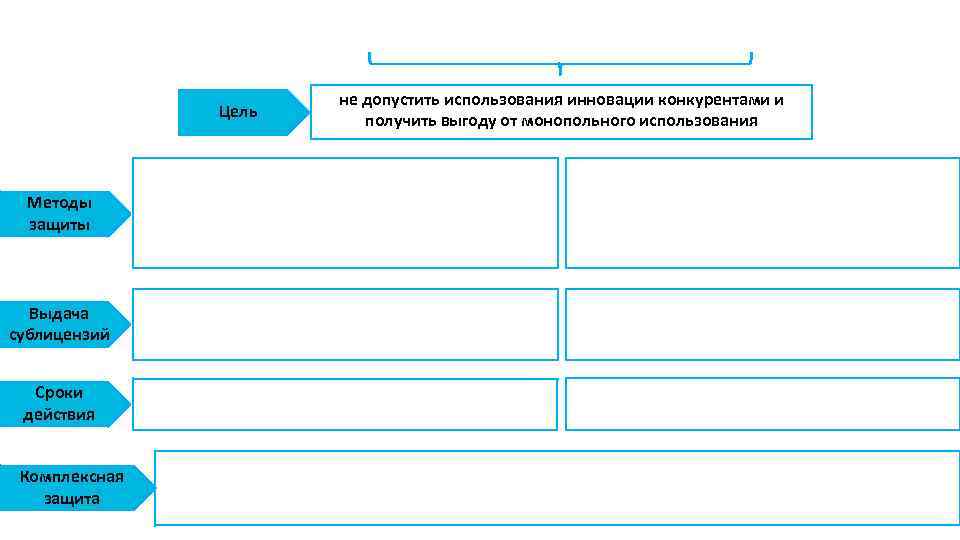 Цель Методы защиты Выдача сублицензий Сроки действия Комплексная защита не допустить использования инновации конкурентами