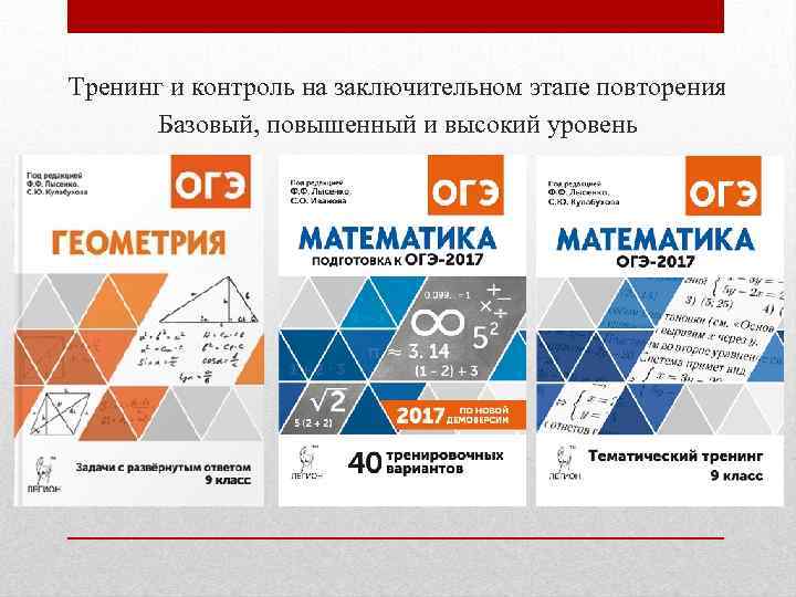 Тренинг и контроль на заключительном этапе повторения Базовый, повышенный и высокий уровень 