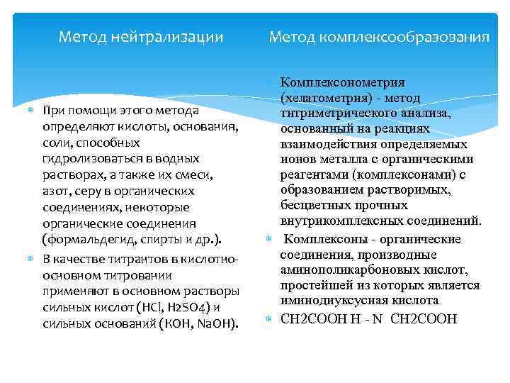 Метод нейтрализации При помощи этого метода определяют кислоты, основания, соли, способных гидролизоваться в водных