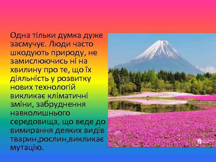  Одна тільки думка дуже засмучує. Люди часто шкодують природу, не замислюючись ні на