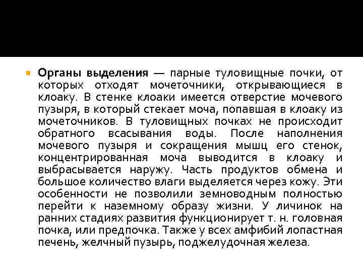  Органы выделения — парные туловищные почки, от которых отходят мочеточники, открывающиеся в клоаку.