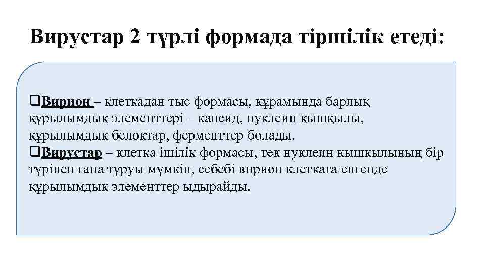 Вирустар 2 түрлі формада тіршілік етеді: q. Вирион – клеткадан тыс формасы, құрамында барлық