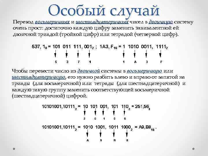 Особый случай Перевод восьмеричных и шестнадцатеричных чисел в двоичную систему очень прост: достаточно каждую