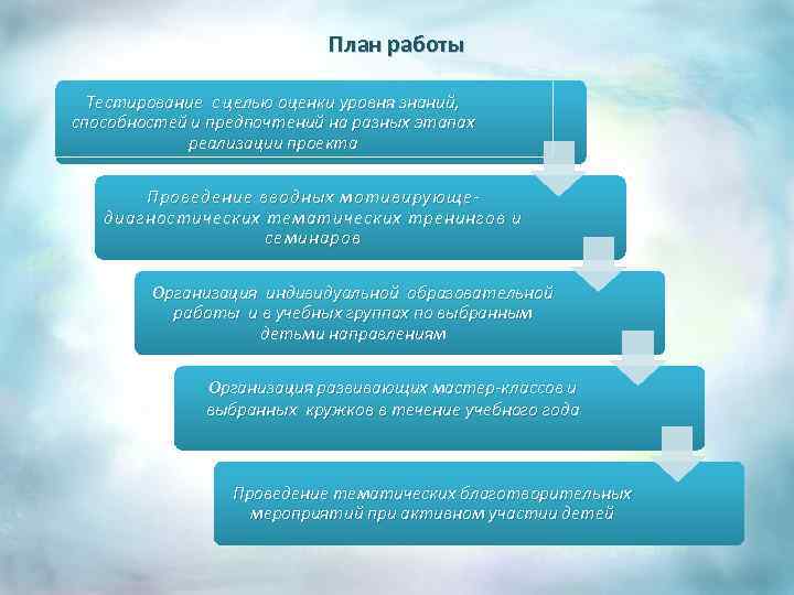 План работы Тестирование с целью оценки уровня знаний, способностей и предпочтений на разных этапах