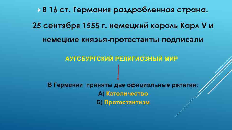  В 16 ст. Германия раздробленная страна. 25 сентября 1555 г. немецкий король Карл