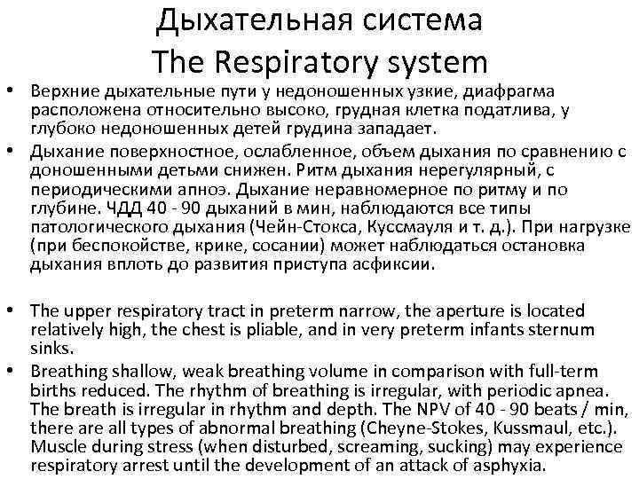 Дыхательная система The Respiratory system • Верхние дыхательные пути у недоношенных узкие, диафрагма расположена