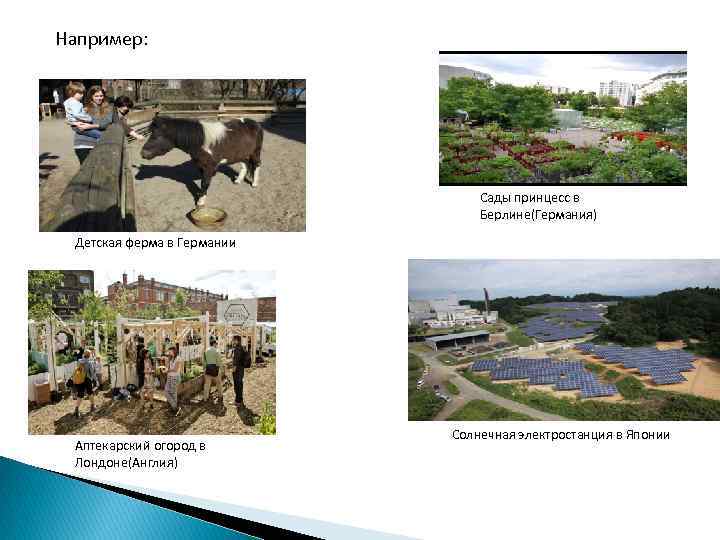Например: Сады принцесс в Берлине(Германия) Детская ферма в Германии Аптекарский огород в Лондоне(Англия) Солнечная