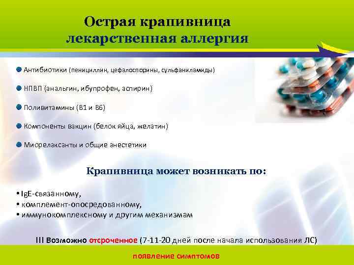 Острая крапивница лекарственная аллергия Антибиотики (пенициллин, цефалоспорины, сульфаниламиды) НПВП (анальгин, ибупрофен, аспирин) Поливитамины (В