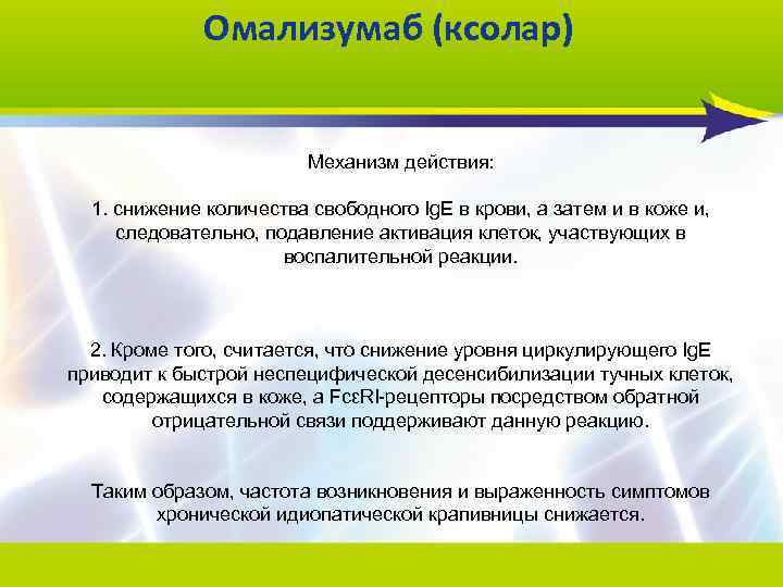 Омализумаб (ксолар) Механизм действия: 1. снижение количества свободного Ig. E в крови, а затем
