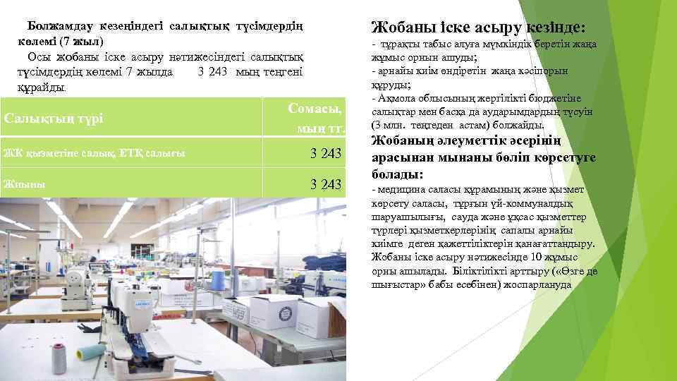 Жобаны іске асыру кезінде: Болжамдау кезеңіндегі салықтық түсімдердің көлемі (7 жыл) Осы жобаны іске