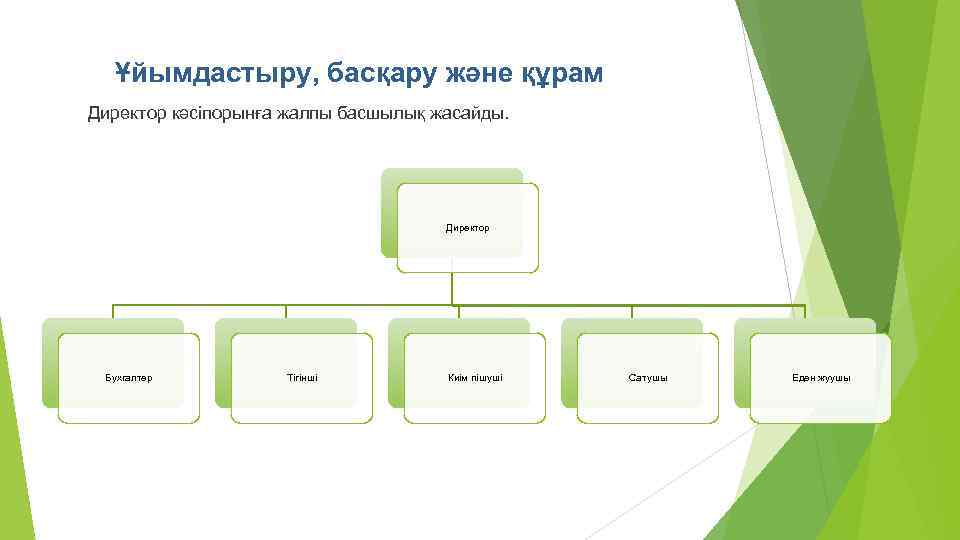 Ұйымдастыру, басқару және құрам Директор кәсіпорынға жалпы басшылық жасайды. Директор Бухгалтер Тігінші Киім пішуші