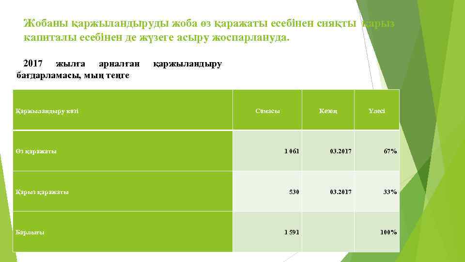 Жобаны қаржыландыруды жоба өз қаражаты есебінен сияқты қарыз капиталы есебінен де жүзеге асыру жоспарлануда.