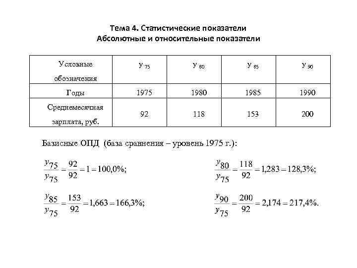 Тема 4. Статистические показатели Абсолютные и относительные показатели Условные y 75 y 80 y