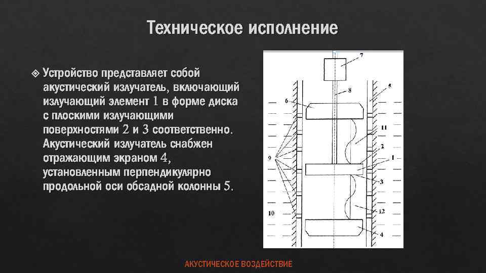 Техническое исполнение Устройство представляет собой акустический излучатель, включающий излучающий элемент 1 в форме диска