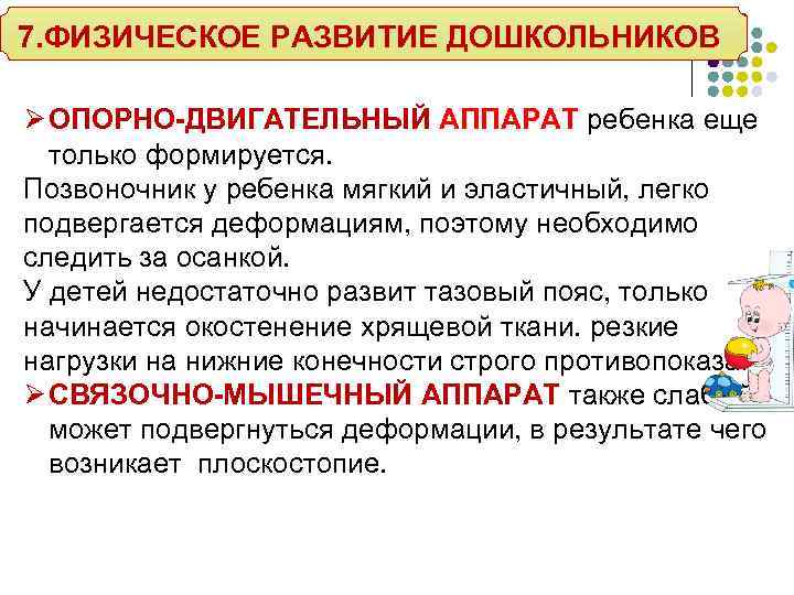 7. ФИЗИЧЕСКОЕ РАЗВИТИЕ ДОШКОЛЬНИКОВ Ø ОПОРНО-ДВИГАТЕЛЬНЫЙ АППАРАТ ребенка еще только формируется. Позвоночник у ребенка