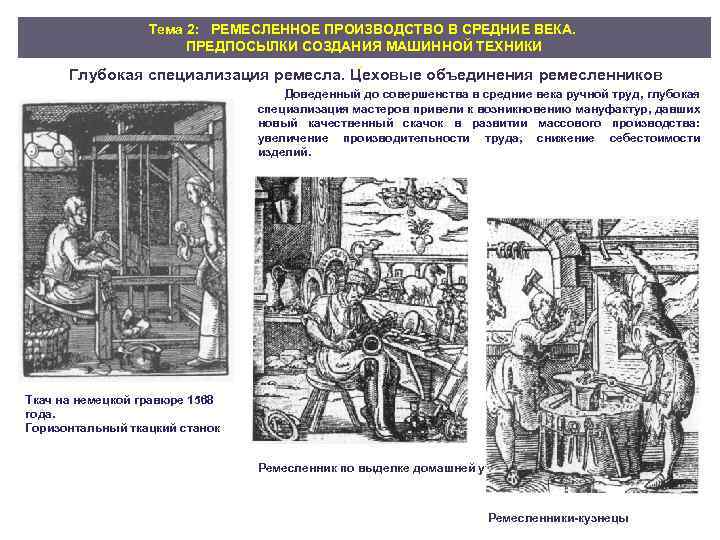 Тема 2: РЕМЕСЛЕННОЕ ПРОИЗВОДСТВО В СРЕДНИЕ ВЕКА. ПРЕДПОСЫЛКИ СОЗДАНИЯ МАШИННОЙ ТЕХНИКИ. Глубокая специализация ремесла.