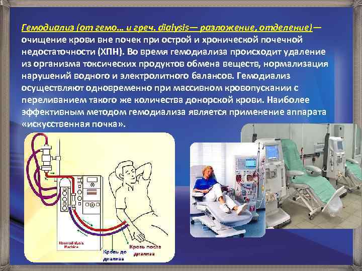 Гемодиализ (от гемо… и греч. dialysis— разложение, отделение)— очищение крови вне почек при острой